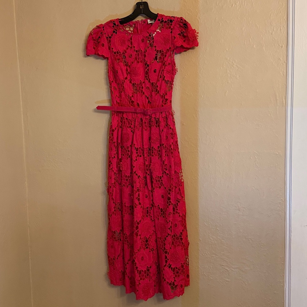 $555 SELF-PORTRAIT Poppy Belted Lace Midi Dress size US 2 No slip included! - Picture 2 of 15